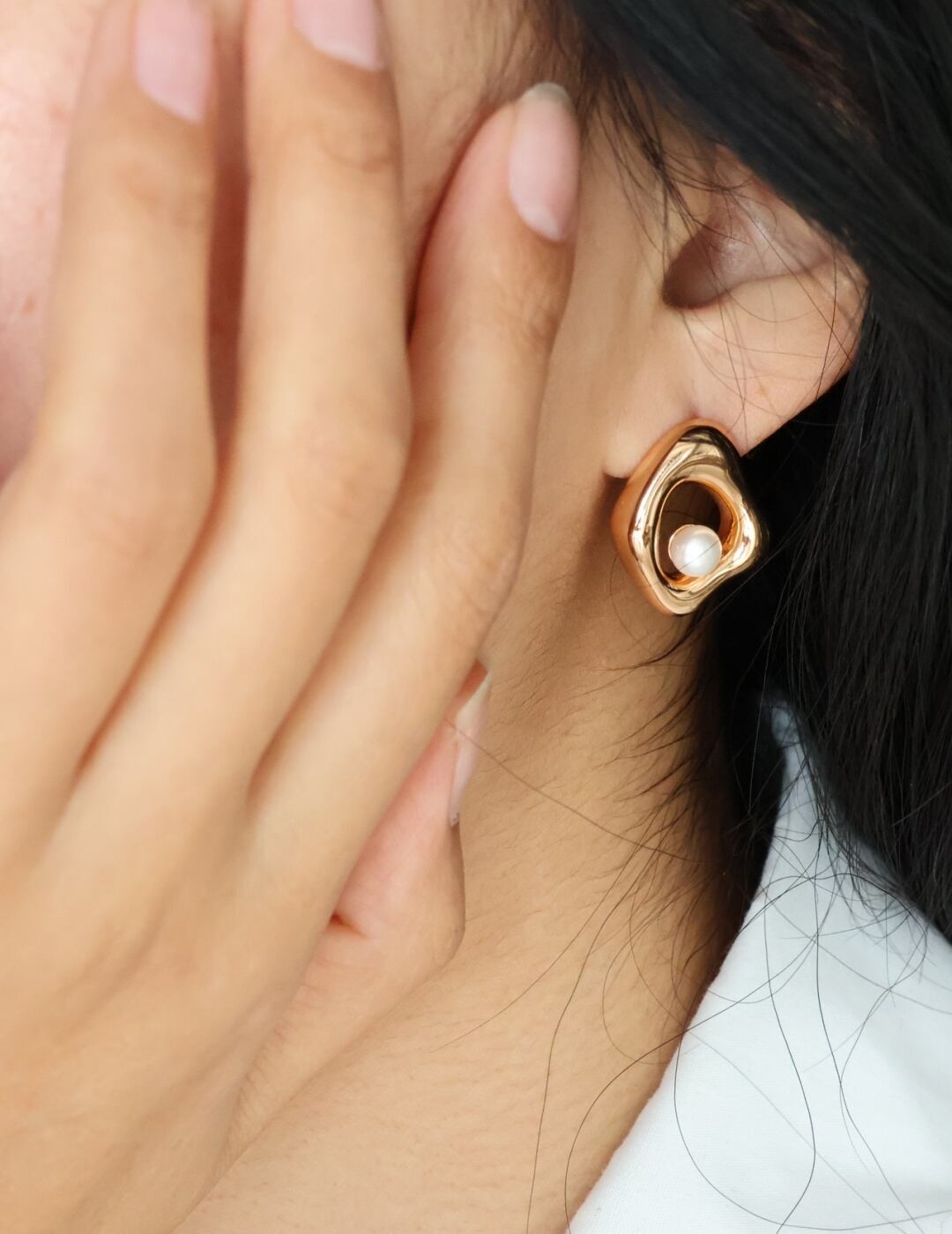 ジオメトリックシリーズ ABデザイン天然淡水パールピアス シルバー925金メッキ 非対称デザイン