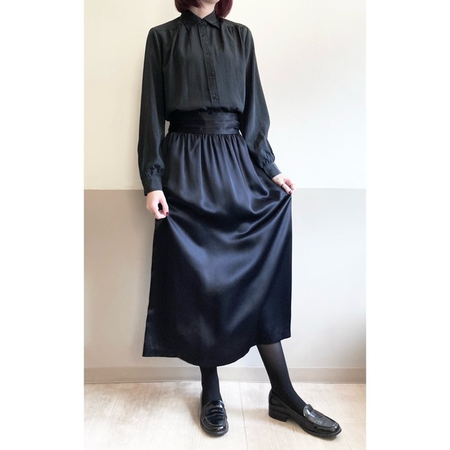 Black Satin Button Back Cummerbund Skirt