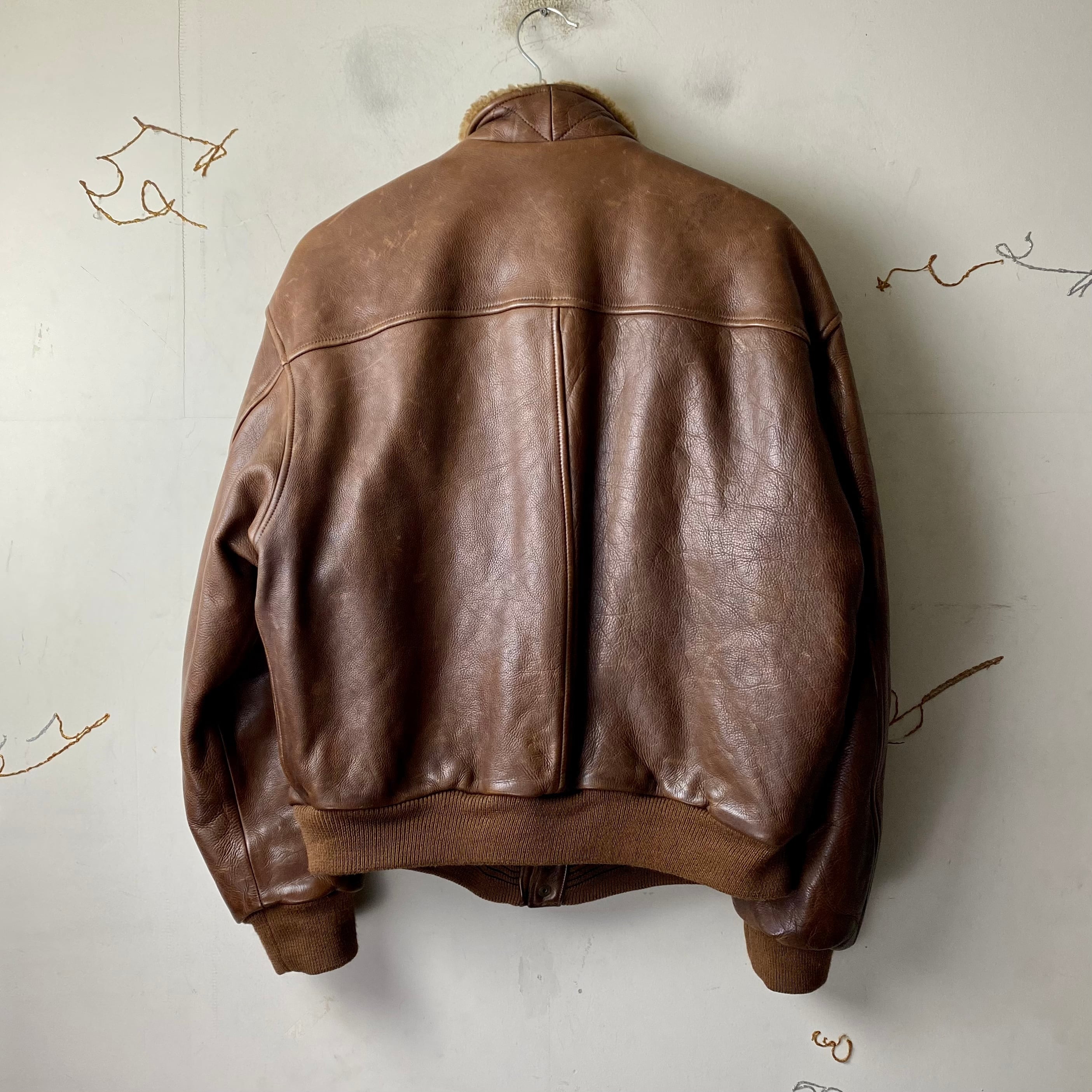 vintage EMPORIO ARMANI brown leather riders jacket with boa collar 