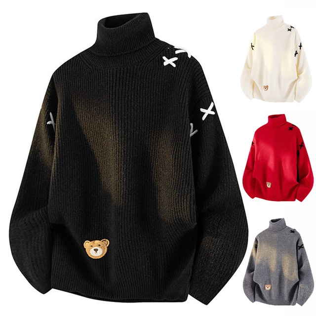❆ハイネック熊セーター!【WSシリーズ】★セーター★ 4color ニットトップス 男女兼用 メンズ 赤 黒 灰