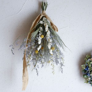 【1点もの 丈約43cm】 イエローホワイトのナチュラルなドライフラワースワッグ ＊ ドライフラワー かわいい グリーン ナチュラル おしゃれ 開店祝い 誕生日 ギフト ボタニカル 花束