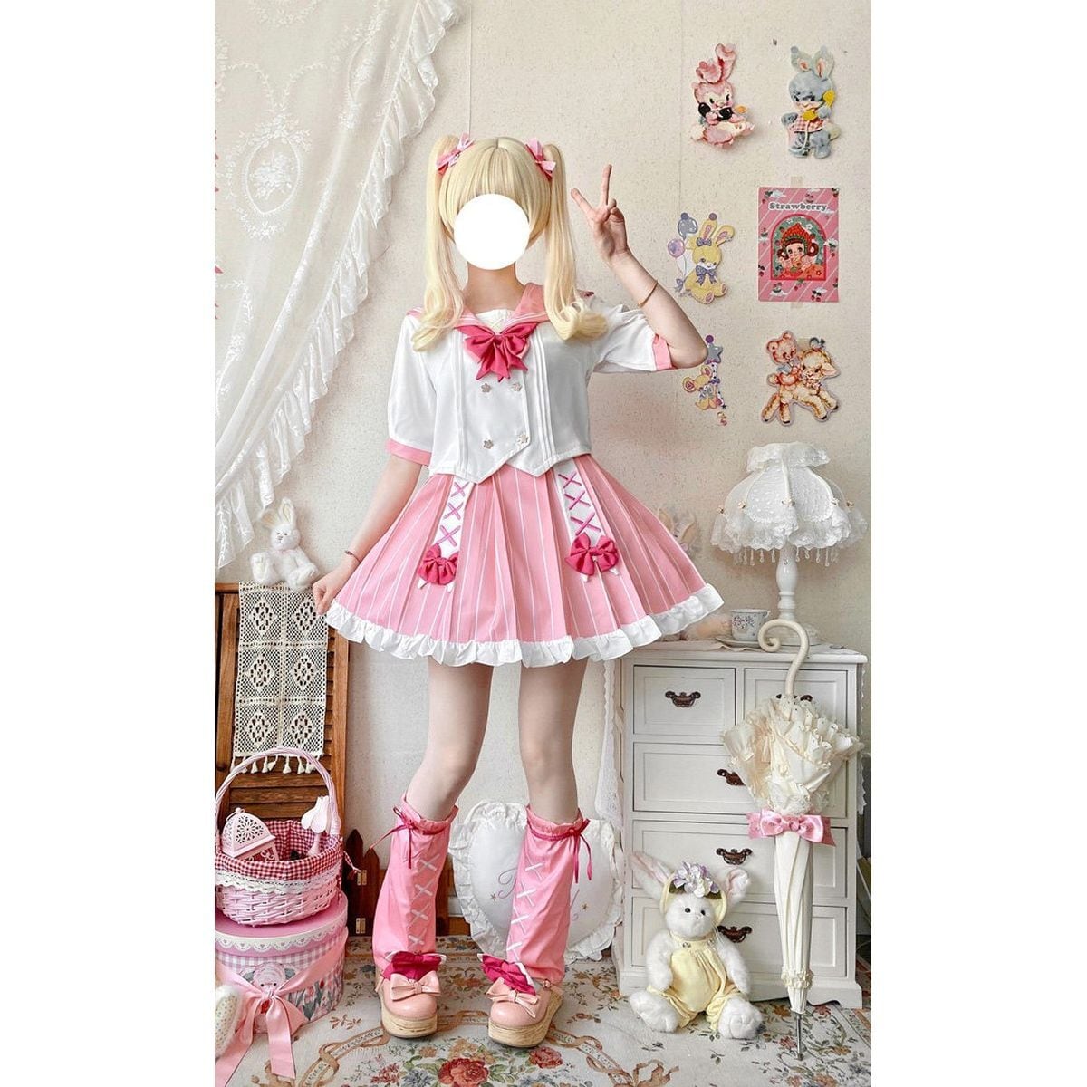 レースアップレッグウォーマー付きプリーツセーラー服セット