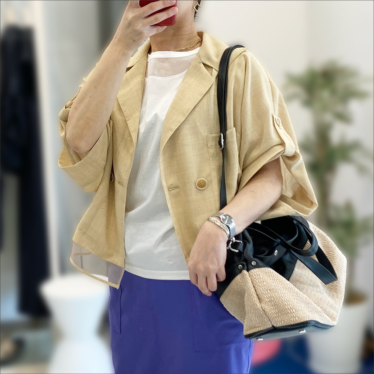 【Lallia Mu】ラリアムー　現行　ハーフスリーブダブルジャケット　ベージュ Lallia Mu ハーフスリーブダブルジャケット 2612261 Off/yellow/black