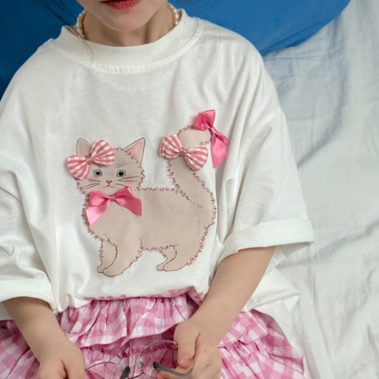 夏ネコ柄ゆったり半袖Tシャツ