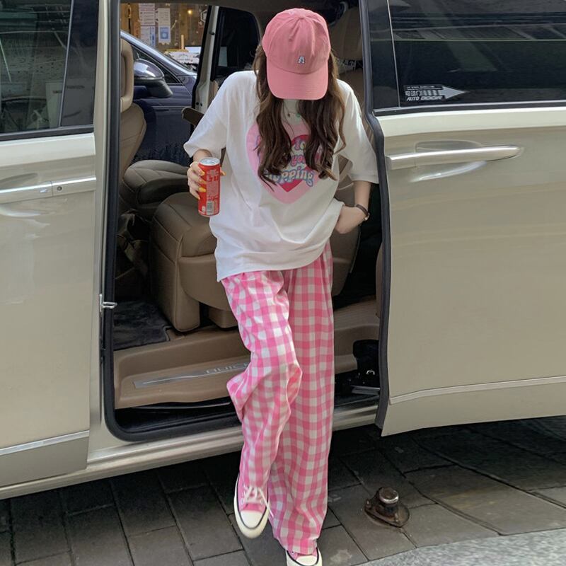 格子柄パンツ サマー薄手ハイウェストウェストワイドレッグルーズカジュアル 夏物 ワイドパンツ スーパーモール23972408204