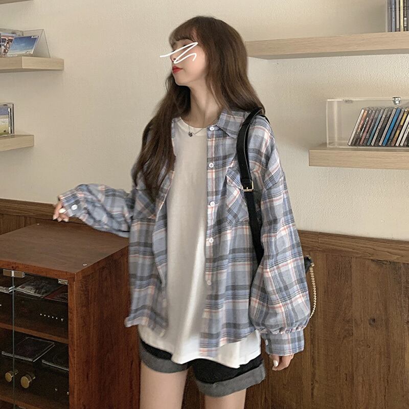 格子柄シャツ スプリング薄手スタンダードスタイルジャケット ルーズブラウス レトロ 春物 萌量不足357889633