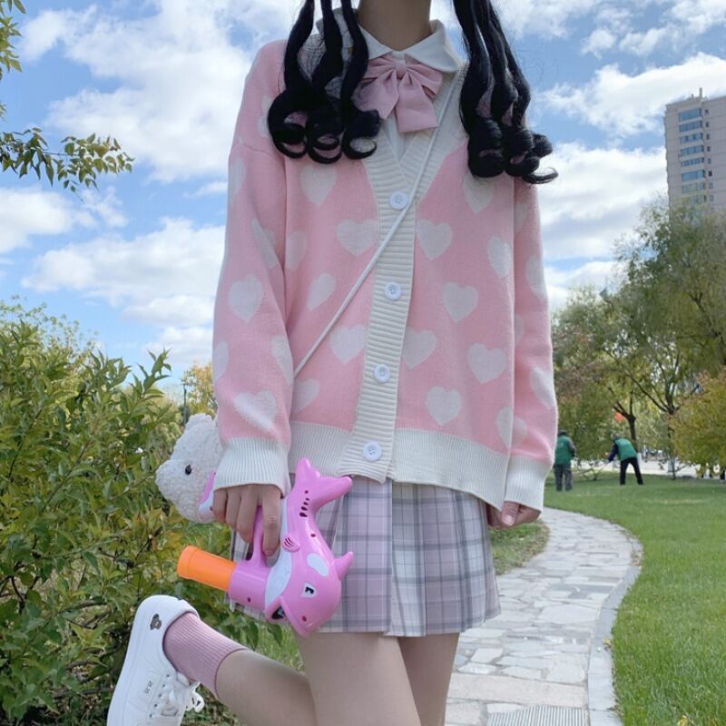 ニットカーディガンウィンターセーター ジャケット ルーズプリントVネックオータムトップス ロング 秋物 冬物 萌量不足85914440230