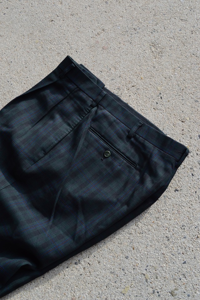 Old Blank Slacks 90's Tartan Check 2Tuck Poly Wool Slacks Dark Green Black オールドスラックス ポリウール サマースラックス