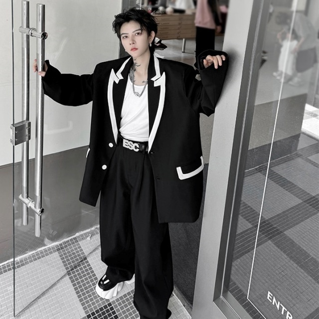 【予約販売】メンズ スーツ ブラック ホワイト 白 黒 モノクロ バイカラー 個性的 男前 ジャケット パンツ セット セットアップ パーティ パーティー 二次会 同窓会 結婚式 韓国 トレンド M/L/XL