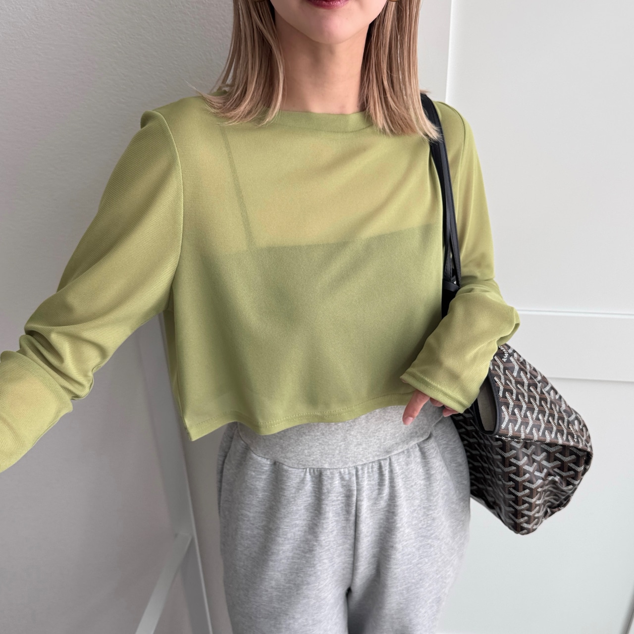 crew neck tulle sheer short tops/lime