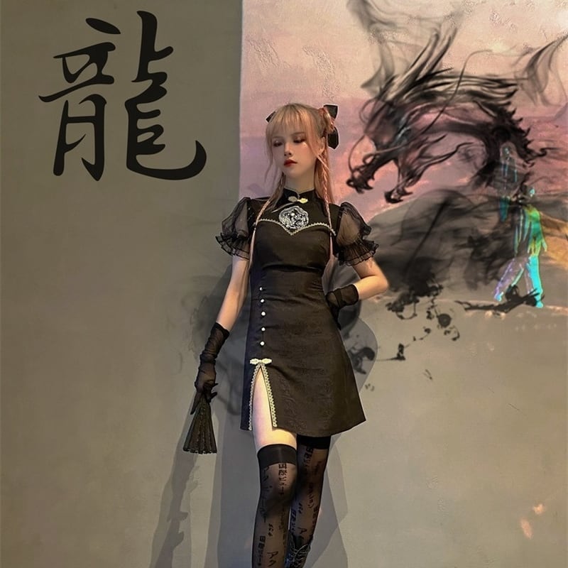 チャイナドレス 半袖 レース セクシー 闇かわいい ゴシック コンカフェ