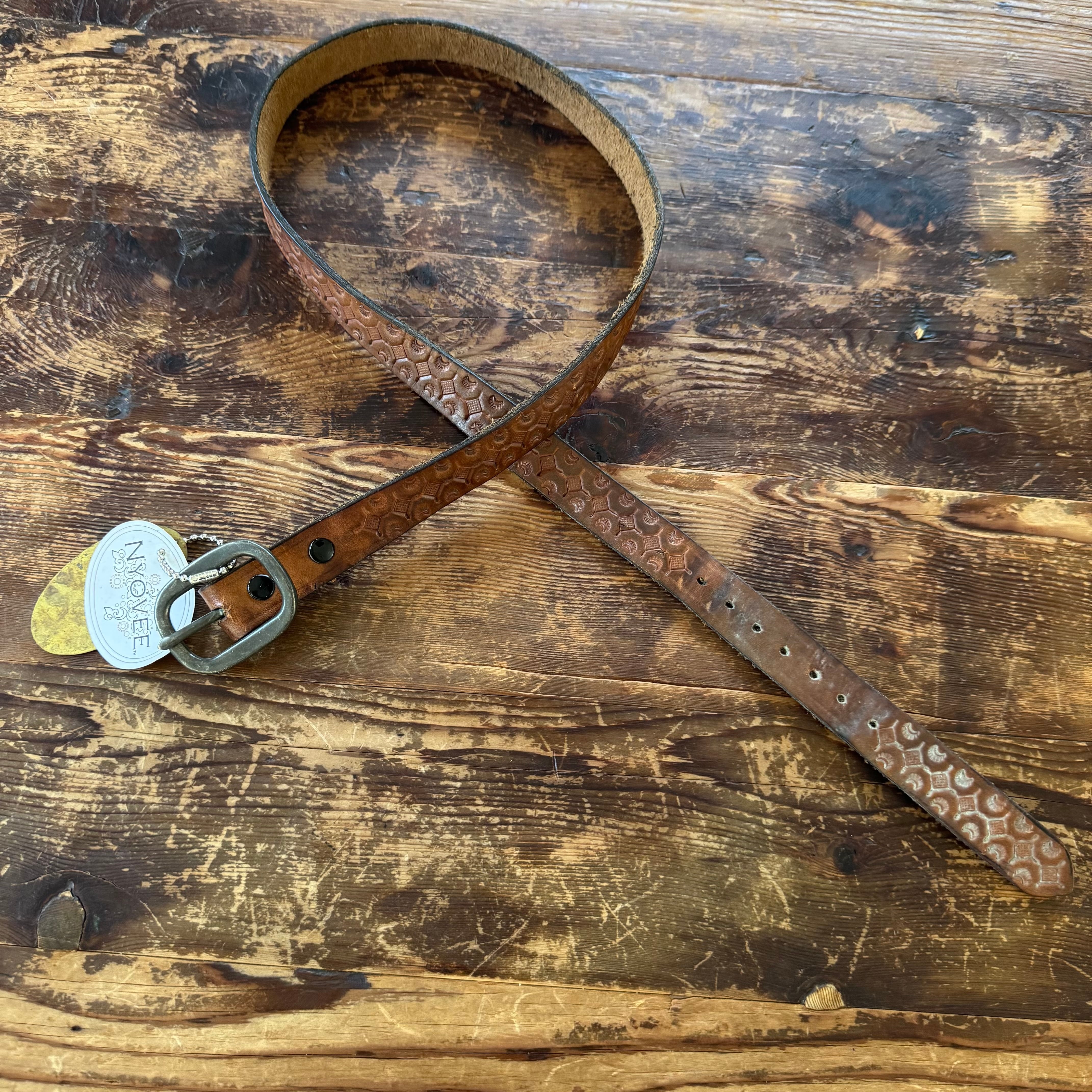 VINTAGE Embossed Brown Leather Belt 34