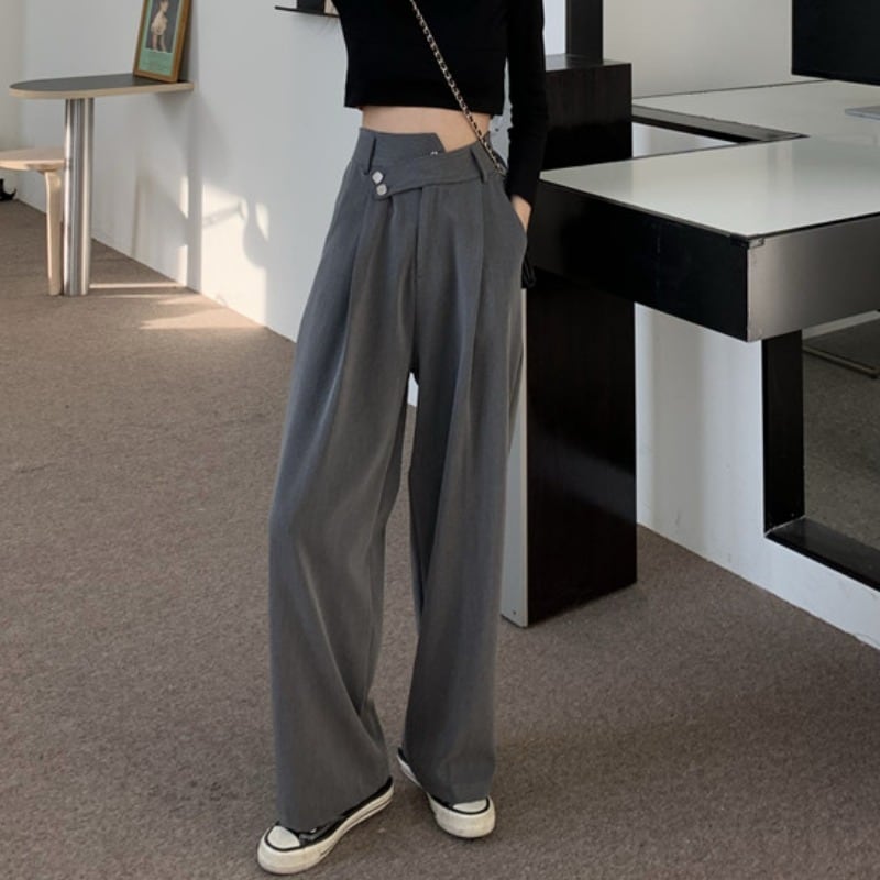 スプリングサマーカジュアルパンツ レディースブラックルーズ薄手ハイウェスト 春物 夏物 1号婦人79891734474