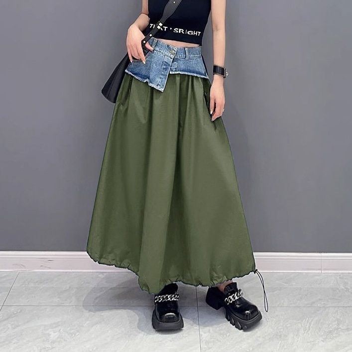 DENIM STITCHED A-LINE DRAWCORD HEM LONG CASUAL SKIRT 2colors M-16097