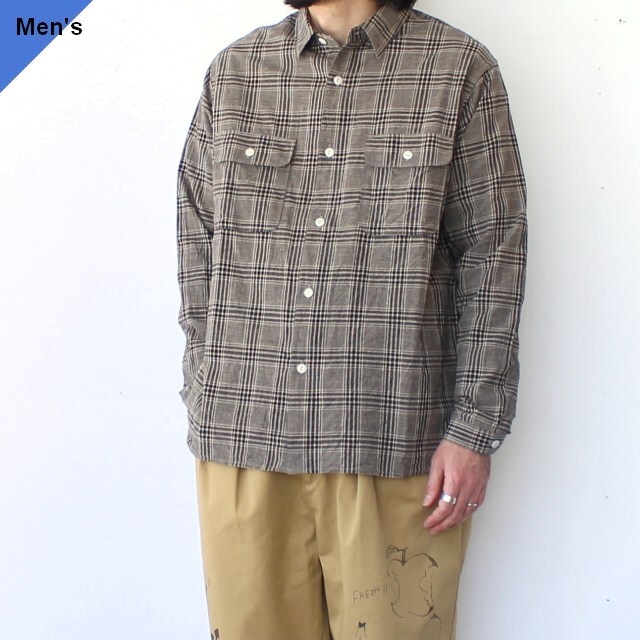 another 20th century コットンリネンチェックワークシャツ Walter's Corn-Venti C/L Check (Beige × Black Check)