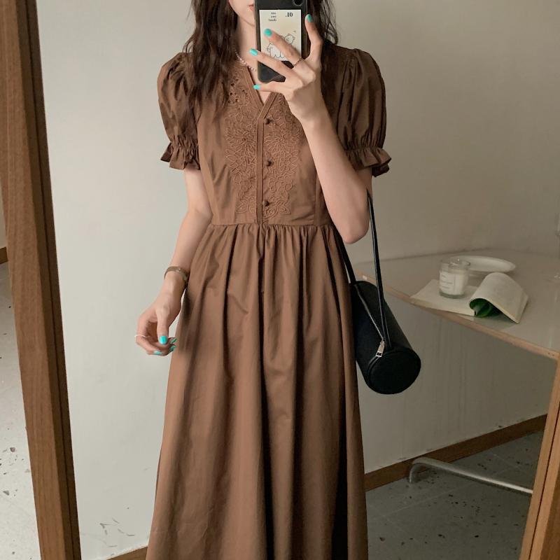 ドレス サマースタイルチェーン Flowerデザイン Vネックスリーブミディ 夏物 フラワーデザイン ビッグFスモールZ韓国46179454806