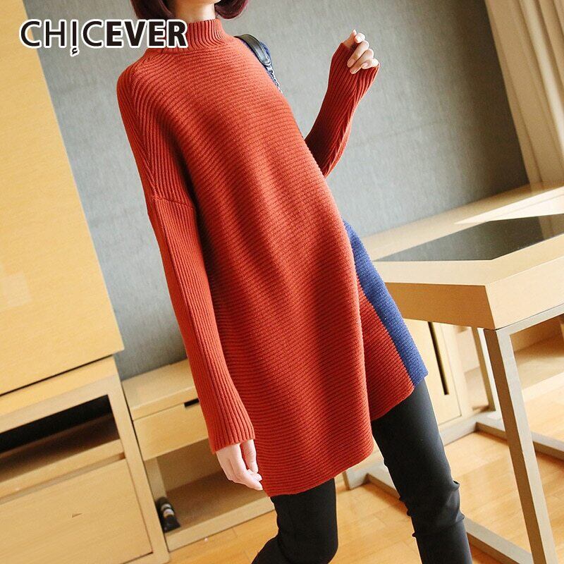 CHICEVERヒットカラーセーター女性タートルネック長袖ルーズニットミディプルオーバー服2020 ロング 6base587952510353