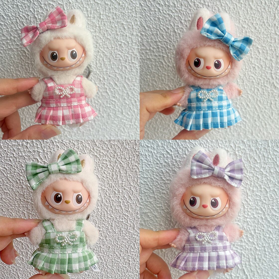 Labubu四代対応 パールリボン付きチェック ワンピース ＋ヘアアクセ 