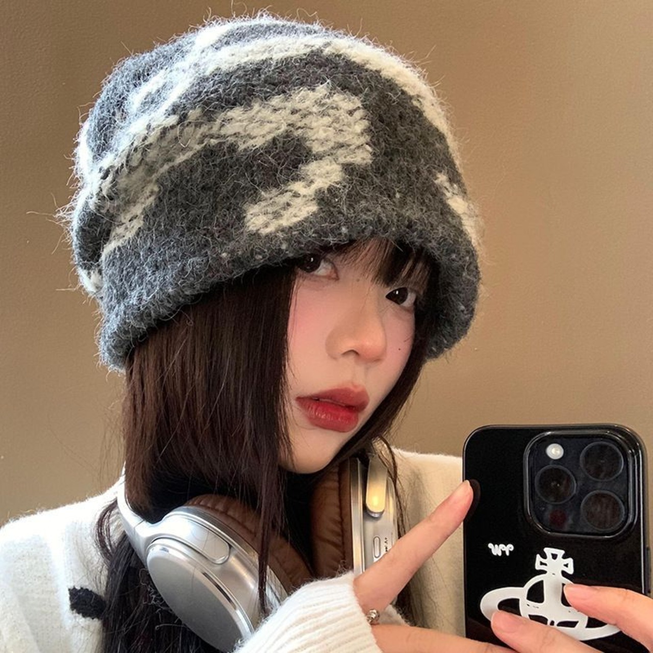 ウールニットグレーモヘアビーニー