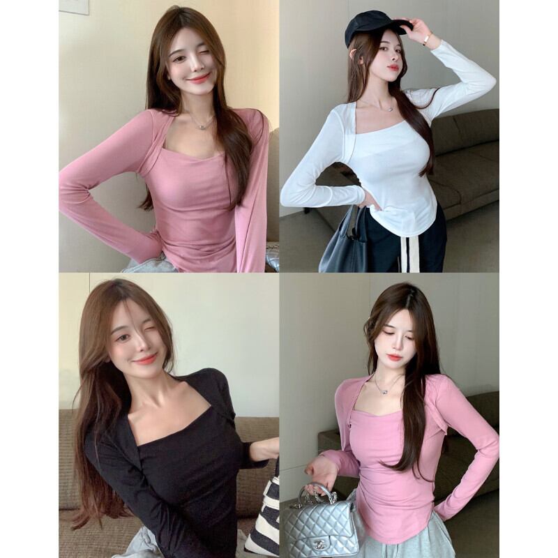 スリムブラウス オータムソリッド カラーシャツ Tシャツ ロング 秋物 ソリッドカラー スクウェア ガールズファッション7469016750