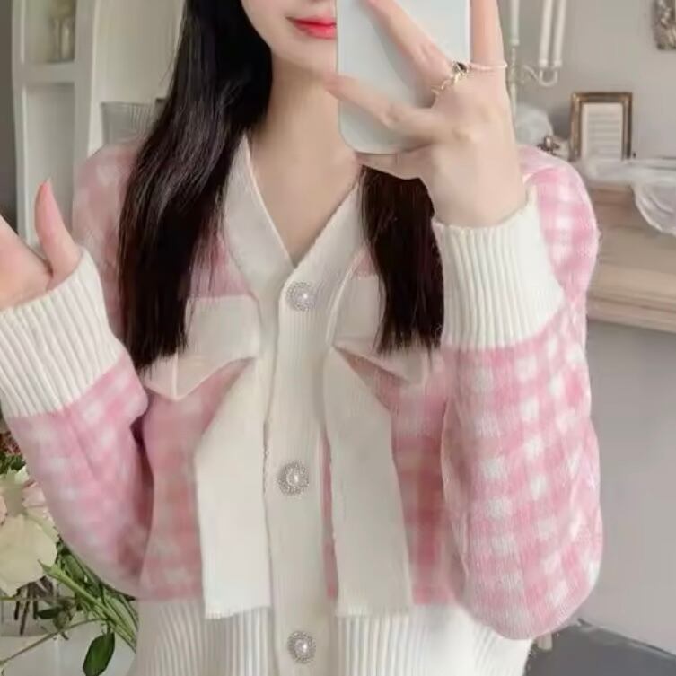 ブロックチェックリボンカーディガン