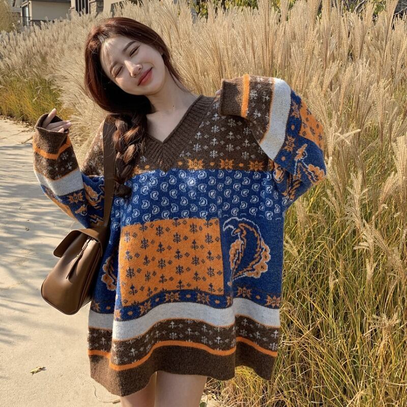 セーター レディースルーズVネックニットスプリングスタンダードトップス レトロ 春物 YY-ファッション87835683133