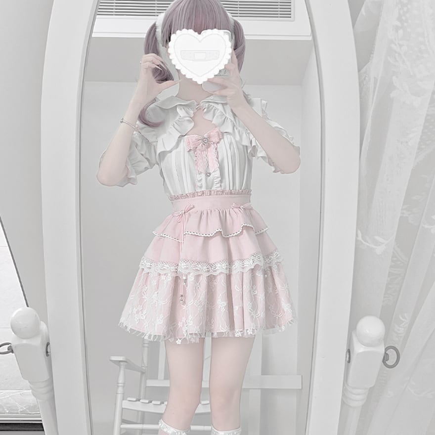 ロリィタ 量産型 オープンショルダー セットアップ ピンク レース リボン