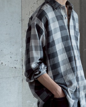 black & grey block check long sleeve shirt / herringbone weave fabric / From EUROPE
