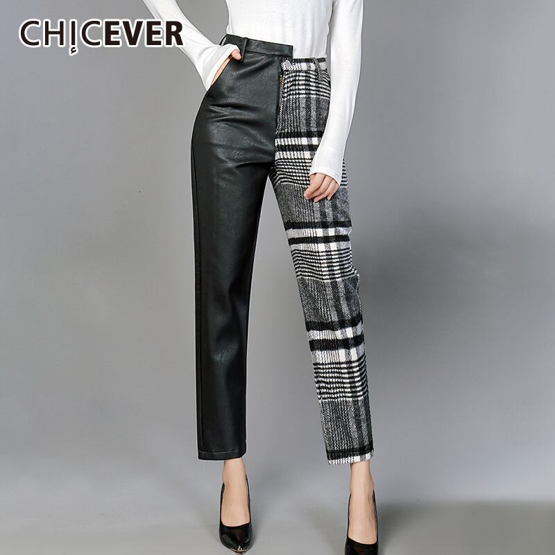 CHICEVERプリントチェック柄パンツレディースウエストパッチワークPUレザーストレートワイドレッグパンツスプリングタイド 春物 ワイドパンツ 6base590437830890