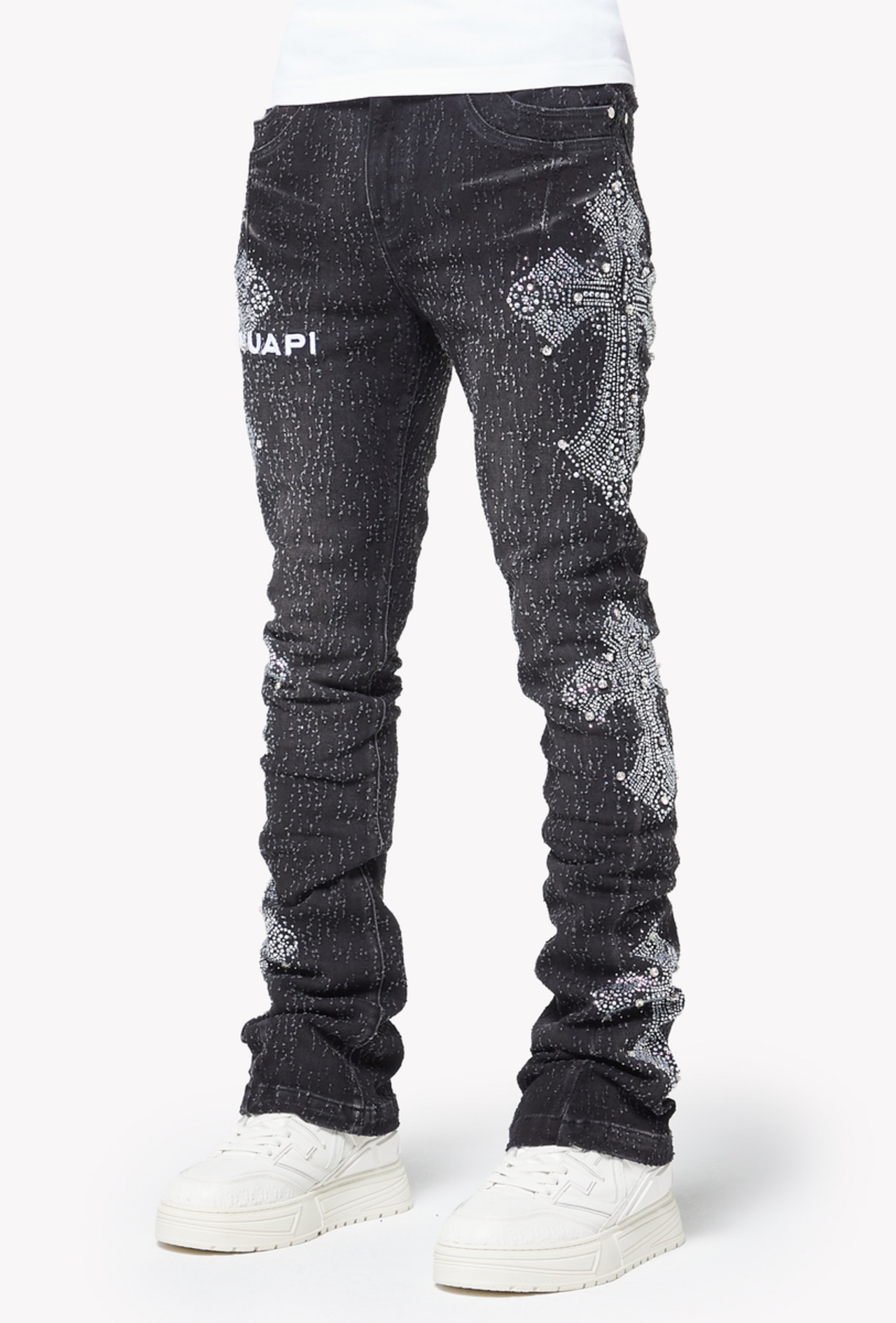 GUAPI / obsidian black distressed cross denim