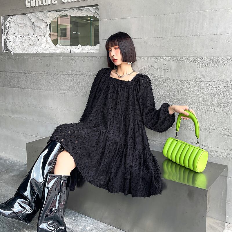 スリーブドレス スプリングスタイルスタンダードスカート 薄手ブラック レトロ 春物 スクウェア ラブタオタオダレンハウス72012942973