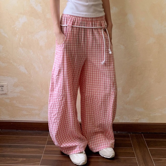 ウエストコードフルレングスワイドチェックカーゴパンツ 3col   R01882