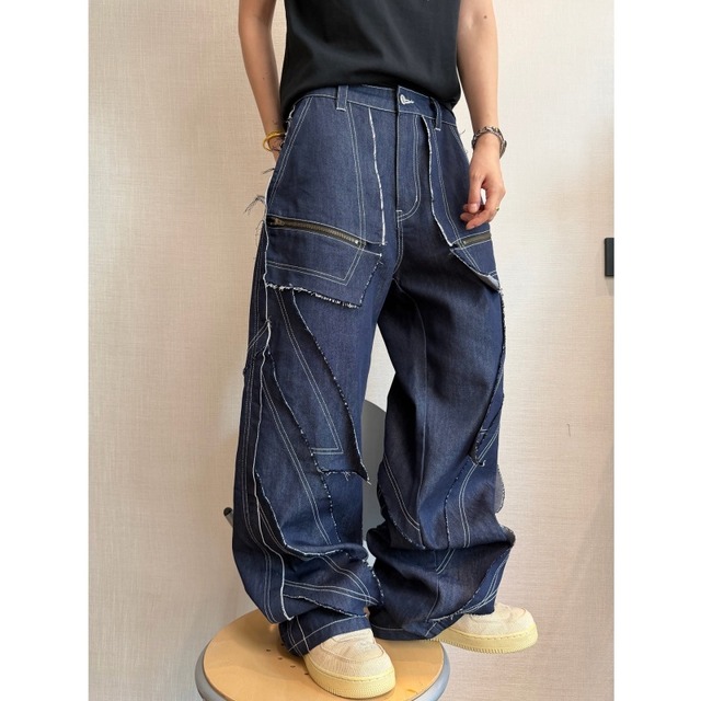dannyandzeeマルチパネルパッチワークフリンジストレートパンツ