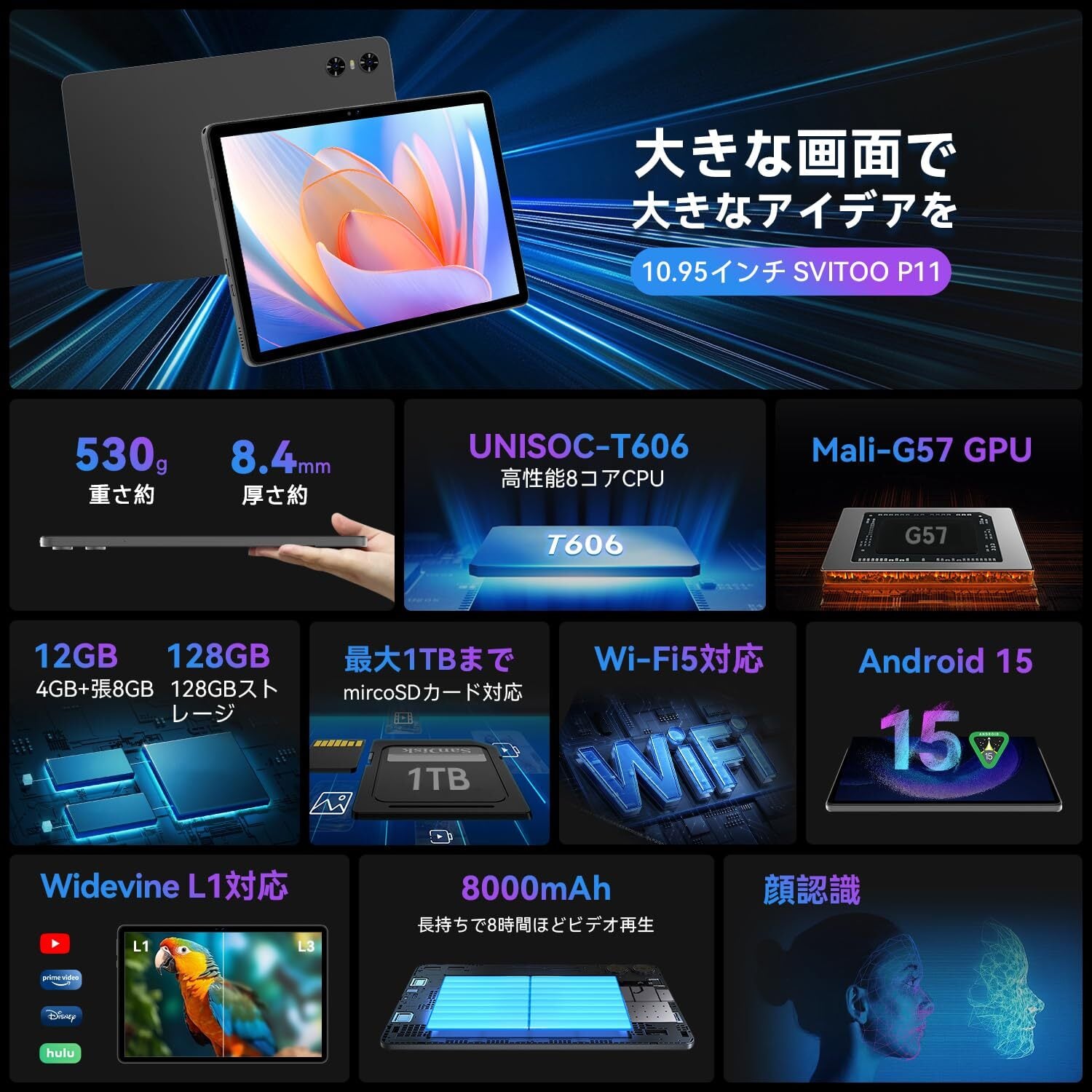 専用ケースプレゼント】android 15 タブレット 11インチ 12GB+128GB+