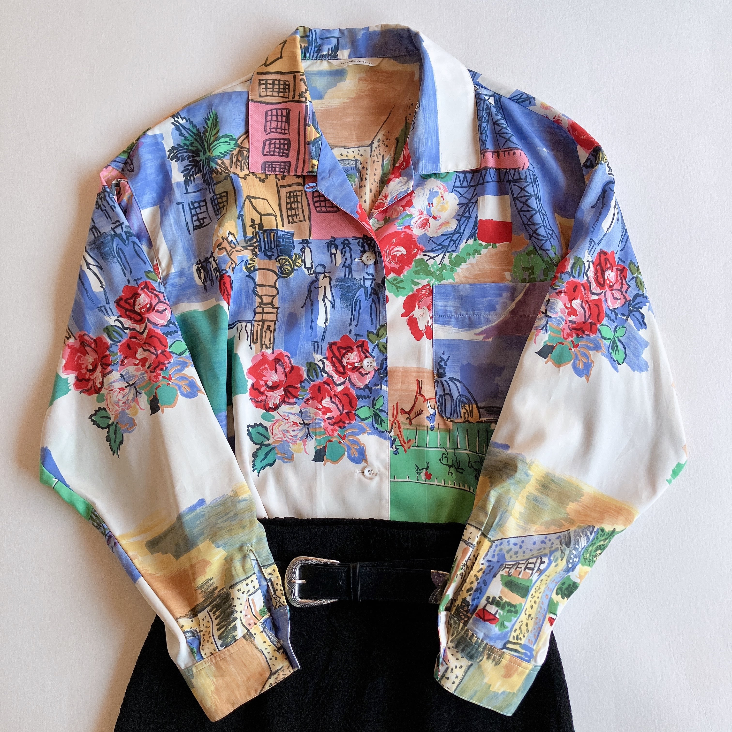 vintage ヴィンテージ 昭和レトロぽこぽこ素材カットソー花柄ブルー古着S1