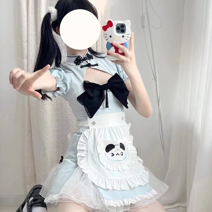 中華ロリータ メイドワンピース パンダ柄×エプロン セットアップ