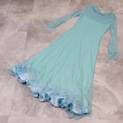 社交ダンス 衣装 prima boutique プリマブティック ドレス ワンピース ブルー系 グリーン系 レース ラメ ビーズ 伸縮 ストレッチ 上品 かわいい 青 緑 フリル ダンス衣装 イベント ステージ パーティー キラキラ