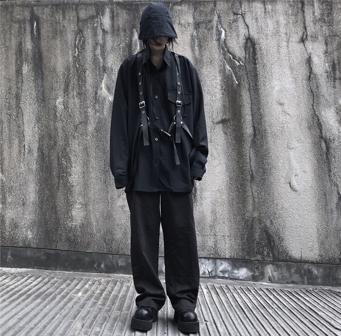 サブカル 服 地雷系 通販 トップス シャツ 長袖 ゴシック系 ゴスロリ ブラック サスペンダー ベルト カジュアル