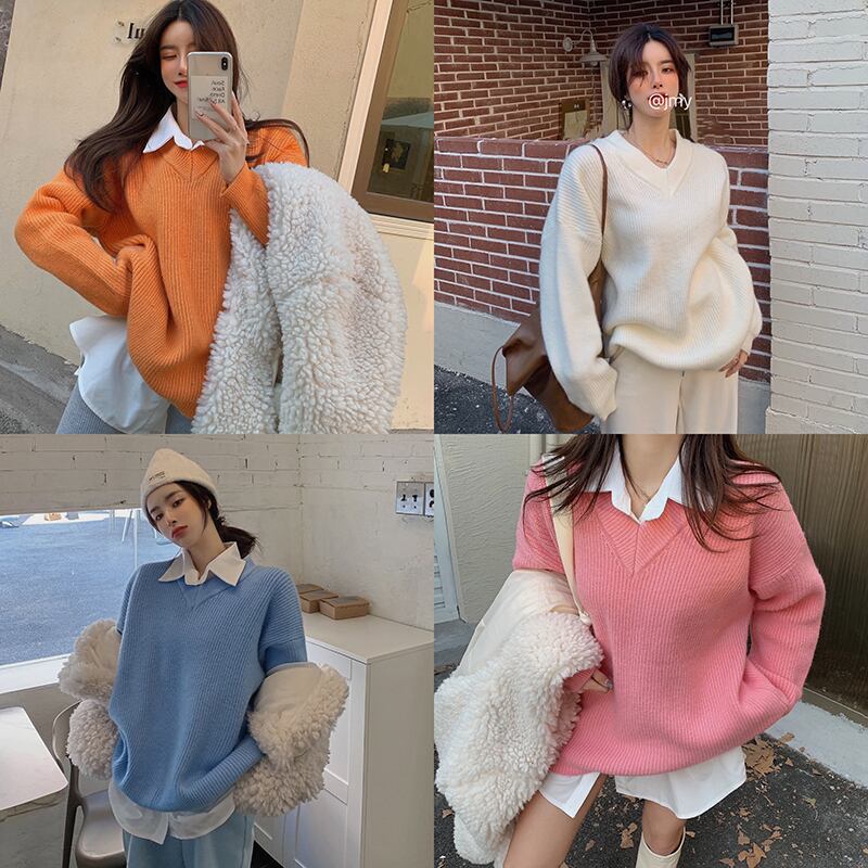 セーター オータムウィンターVネックニットコート プルオーバー トップス ピンク 秋物 冬物 ブラックストロベリース46613686600