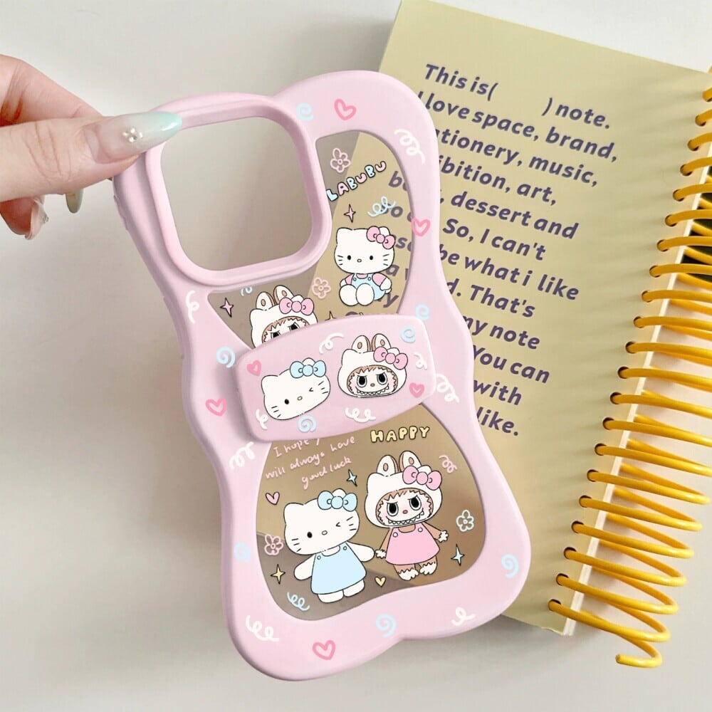 夢かわいい!女子に大人気 蝶の形♡ ピンクの猫&labubu ラブブ iPhoneケース ソフトシリコン 全機種対応 (iPhone 16/15/14 Pro Max) ポップマート