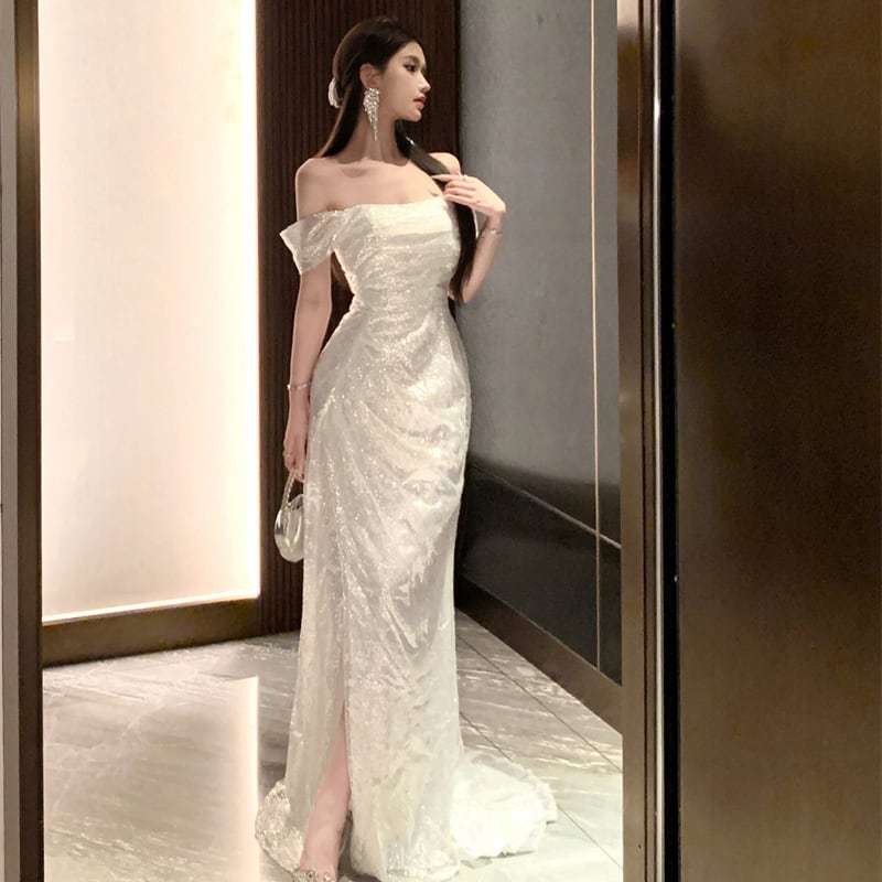 ロングドレス キャバドレス セクシー オフショルダー エレガント スリット入り バックレス キラキラ チュール パーティー JC2-XHY8102