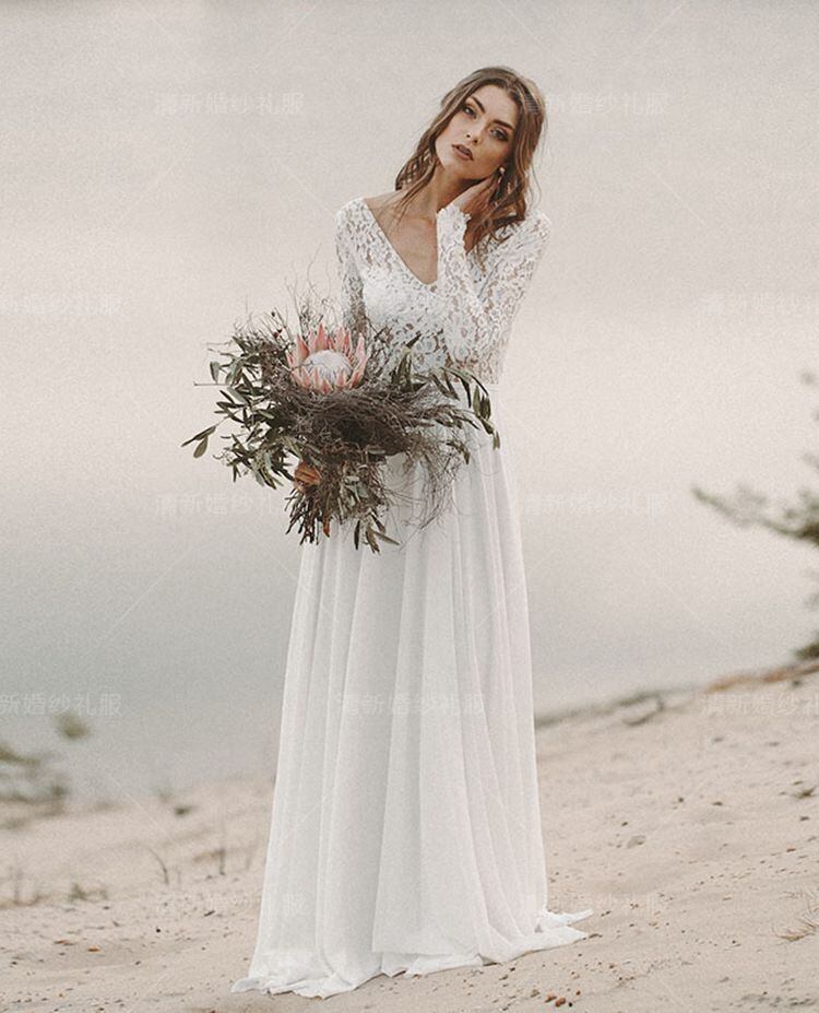 フランス風 長袖 ウエディングドレス 前撮り オフホワイト 背中見せ 2  