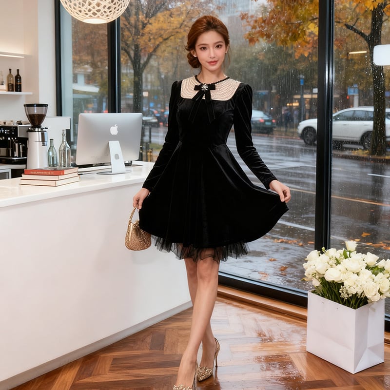 Lady's coco 膝丈ドレス キャバドレス セクシー ベロアドレス パール付き クルーネック リボンデザイン ウエストマーク 長袖 フレアワンピース 上品デザイン デート 女子会 パーティー お呼ばれ 二次会 LW2-JY45408