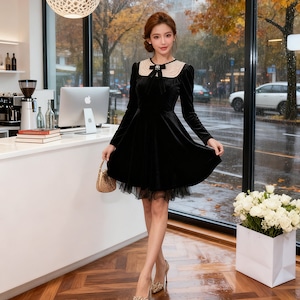 Lady's coco 膝丈ドレス キャバドレス セクシー ベロアドレス パール付き クルーネック リボンデザイン ウエストマーク 長袖 フレアワンピース 上品デザイン デート 女子会 パーティー お呼ばれ 二次会 LW2-JY45408