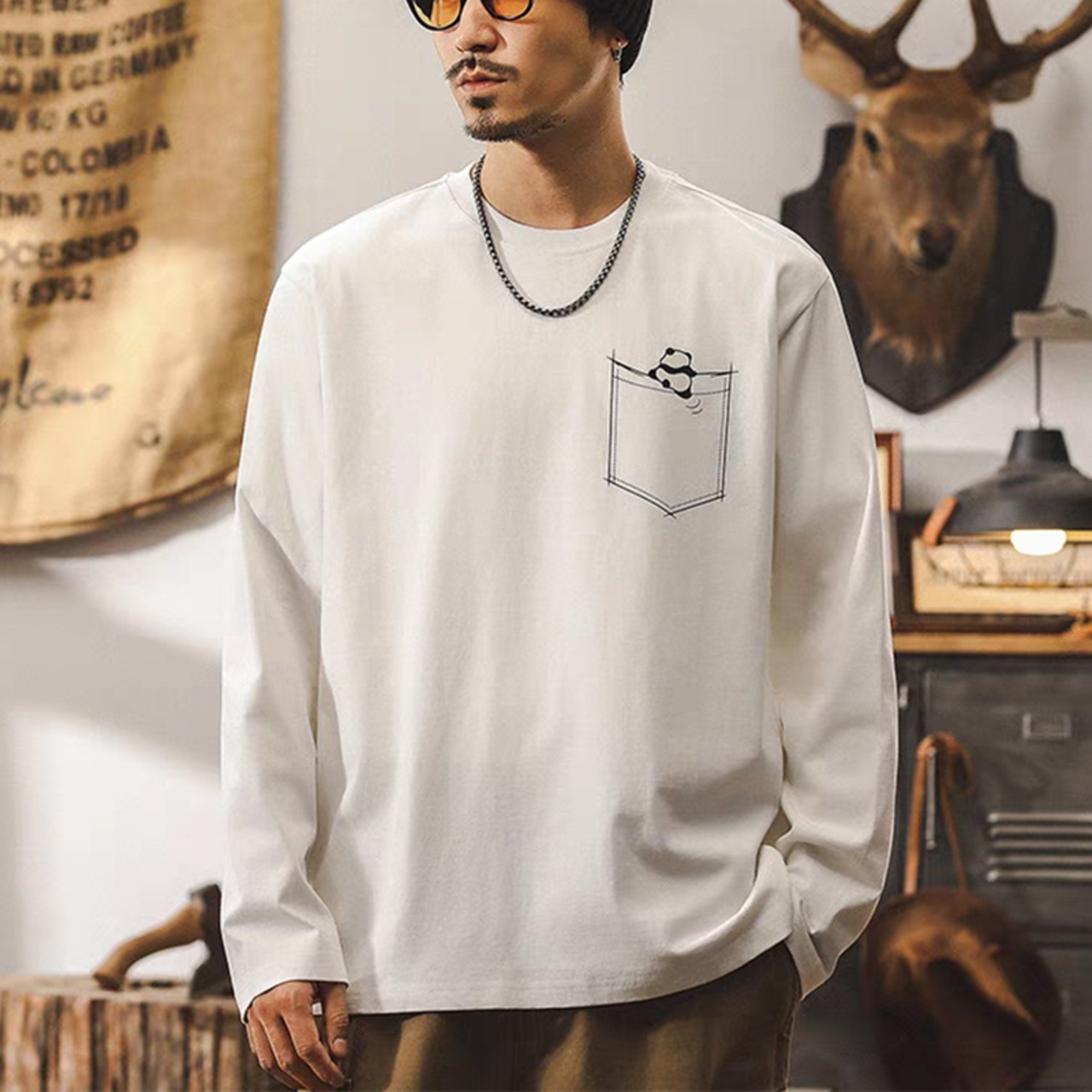 Pocket print crew neck long T-shirt 0215 - 1