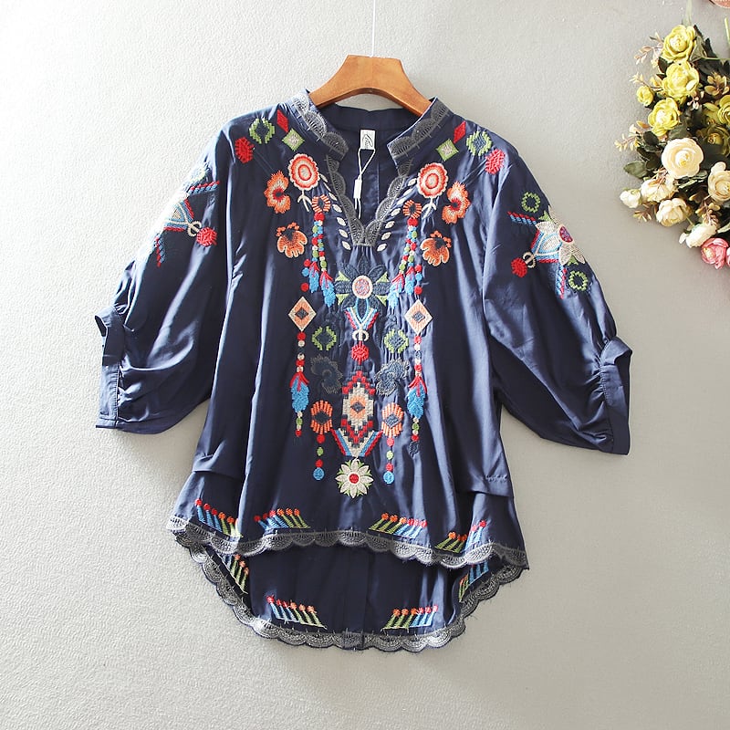 チャイナ風シャツ トップス ブラウス チャイナ風服 民族風 エスニック風 普段着 女子会 Vネック 七分袖 ショート丈 花刺繍入り コットン ネイビー M L Ll Elegant