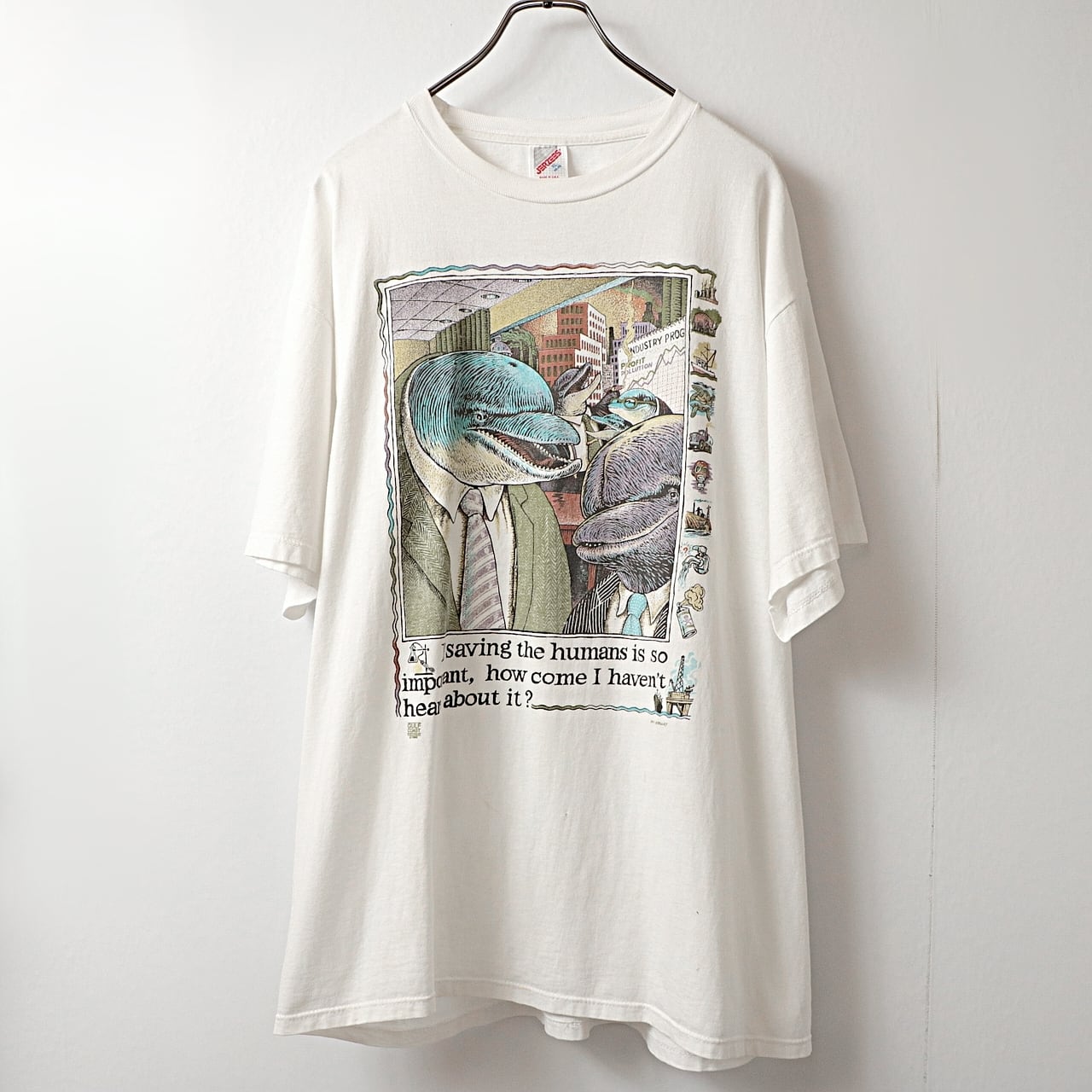 90s イルカ人間 アート プリント Tシャツ 古着 used
