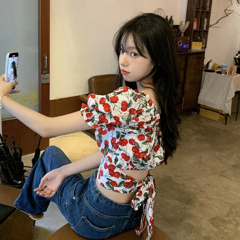 スタイルFlowerデザイン シャツ サマースリーブカラーウェストショートトップス 夏物 フラワーデザイン スクウェア スーパーモール50377097402