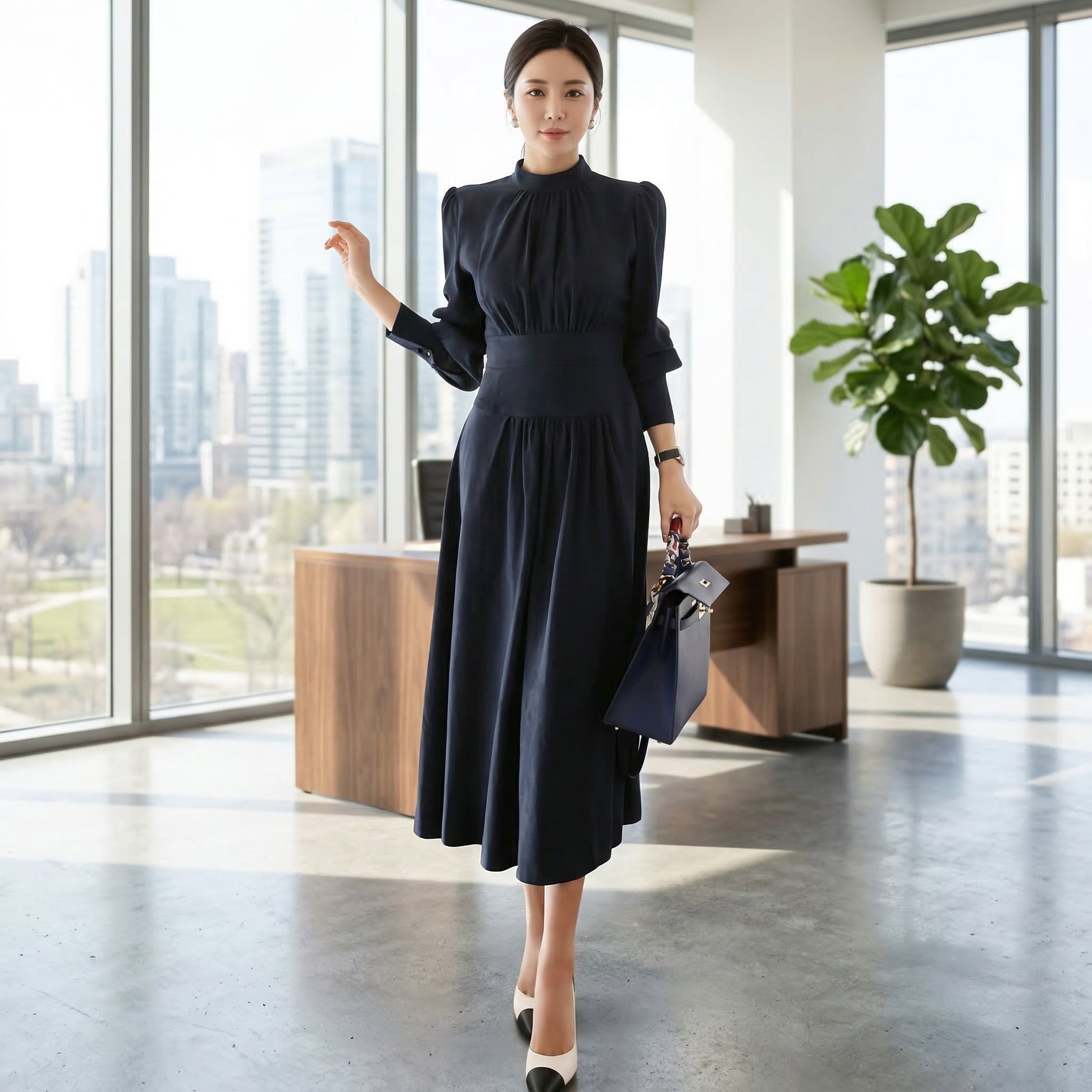 パフスリーブギャザースリムウエストワンピース A0507