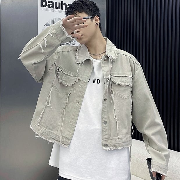 【予約販売】メンズ デニム ジャケット ダメージ加工 くすみカラー カジュアル ピンク/グレー Gジャン こなれ感 韓国 トレンド M/L/XL